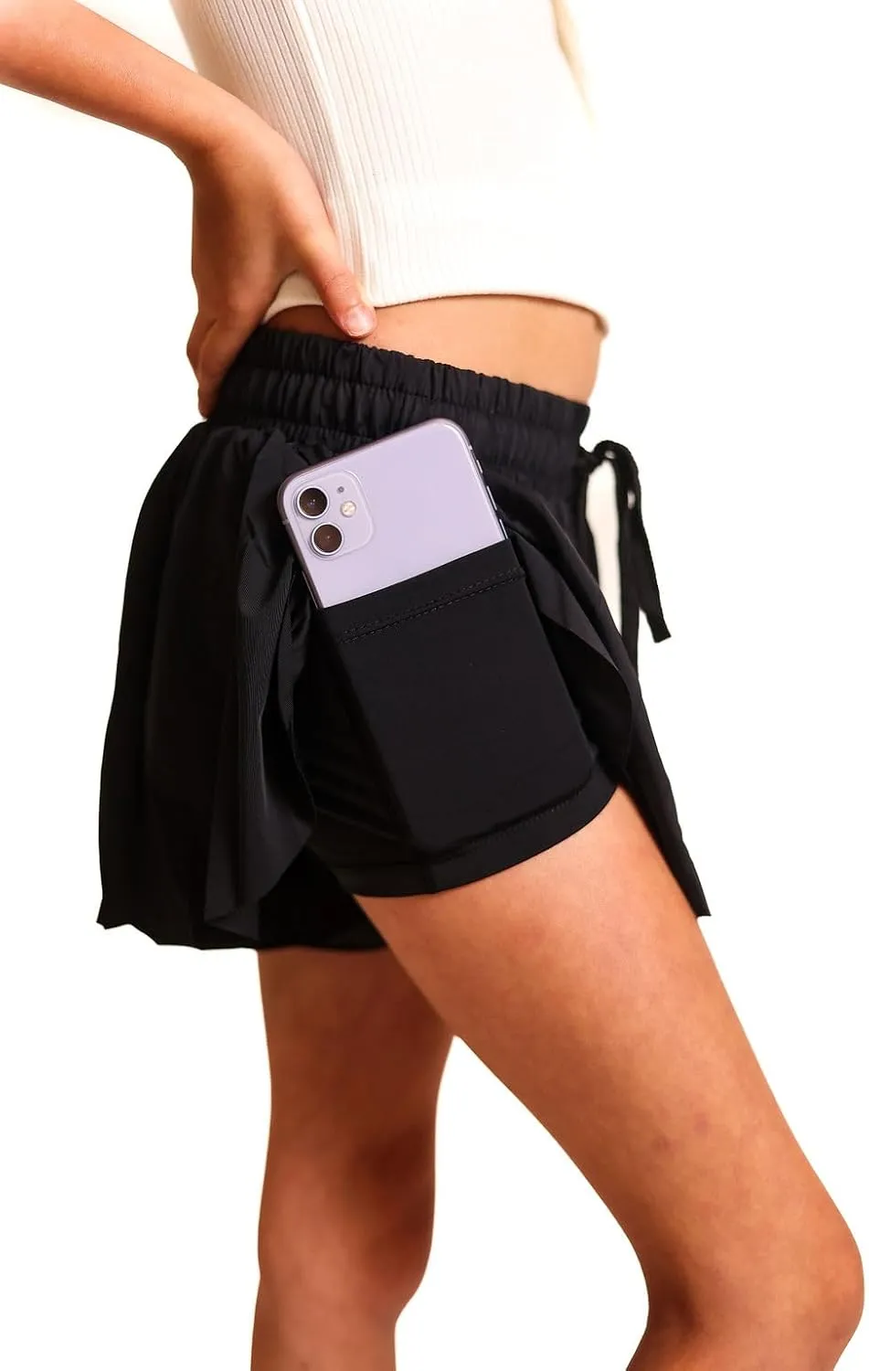 Youth Girls Flowy Athletic Shorts with Spandex Liner. Butterfly Shorts for Fitness, Running, Sports with Drawstring Closure