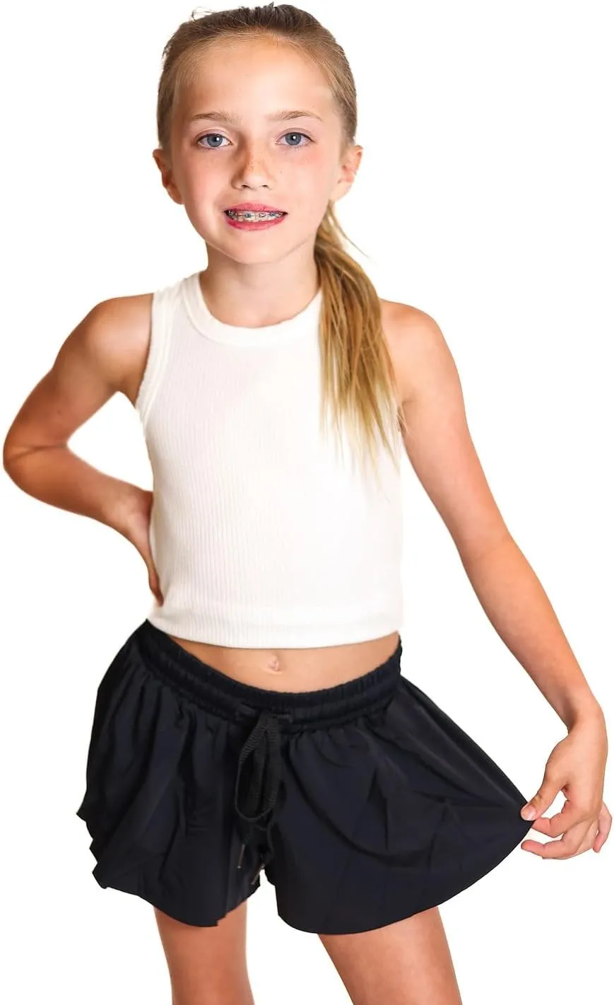 Youth Girls Flowy Athletic Shorts with Spandex Liner. Butterfly Shorts for Fitness, Running, Sports with Drawstring Closure